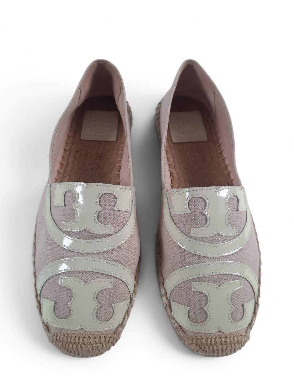 TORY BURCH Jute Espadrille Poppy Leather Canvas Cap Toe Pale Pink Ivory Logo 8 - Picture 5 of 11